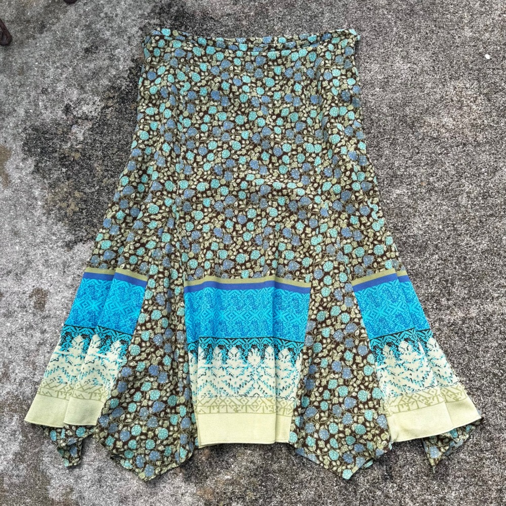 Y2K Brown Blue Emma James Floral patterned Handkerchief Hem boho Midi Skirt 10P